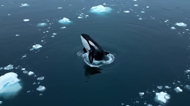 An orca leaps from dark ocean waters surrounded by small icebergs