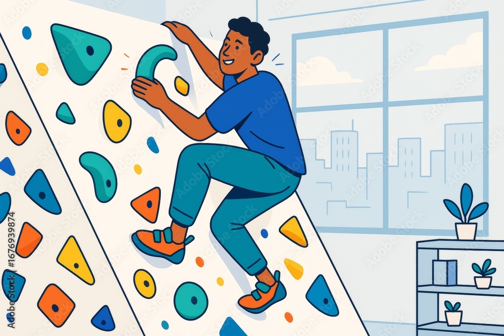 Poster man climbing indoor bouldering wall in colorful gym environment with modern interior and large windo
