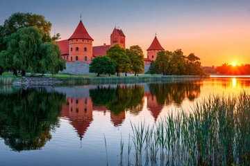 Trakai island castle reflecting in lake galve at sunset
