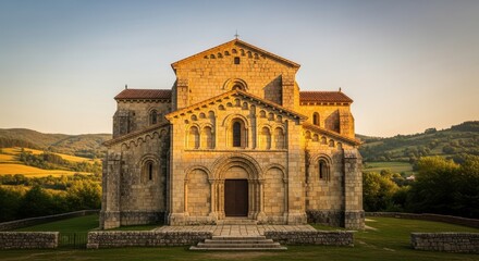 Fototapeta premium Sun-Kissed Stone: Majestic Facade of an Antique Romanesque Church Structure