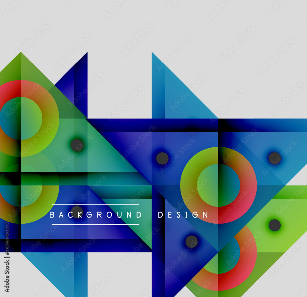 Poster abstract geometric shapes, vibrant colors, modern design. overlapping triangles, circles create dyna