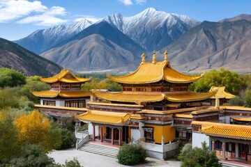 Fototapeta premium Labrang monastery sits peacefully against a backdrop of snow capped mountains in xiahe, china