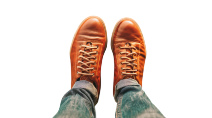 Illustration of a pair of brown leather boots with laces, worn with jeans, isolated on transparent background, showcasing a stylish and casual fashion statement for mens footwear