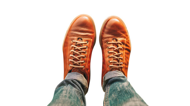 Illustration of a pair of brown leather boots with laces, worn with jeans, isolated on transparent background, showcasing a stylish and casual fashion statement for mens footwear