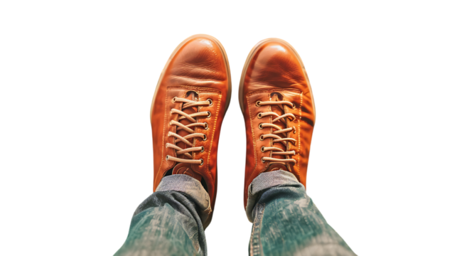 Illustration of a pair of brown leather boots with laces, worn with jeans, isolated on transparent background, showcasing a stylish and casual fashion statement for mens footwear - Powered by Adobe