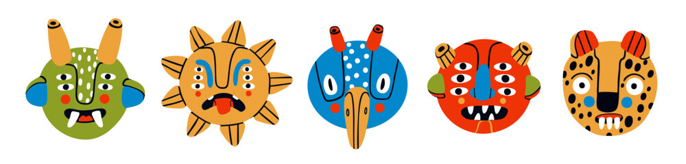 Various ethnic, tribal Masks. Colorful unique folk heads with eyes, horns, teeth. Abstract cute characters monsters, sun, bird, leopard. Hand drawn modern Vector illustration. Isolated design elements