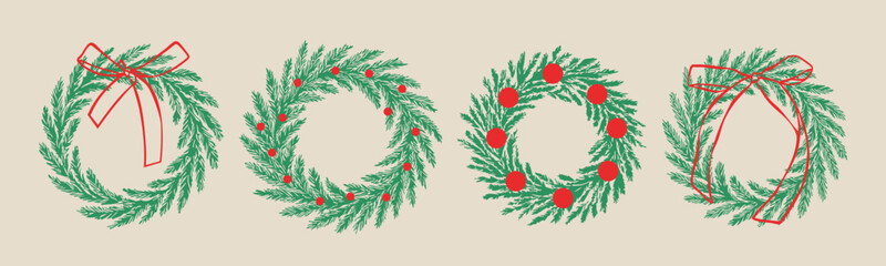 Various Christmas wreaths set. Green pine, spruce wreath with festive traditional xmas or new year decoration. Red ribbons, berries. Hand drawn trendy Vector illustration. Isolated design elements © Dariia