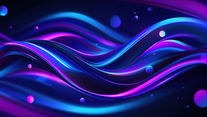 Abstract digital composition with smoothly curving neon lines in shades of blue, purple and pink, intersecting and intertwining on a dark blue and black background.