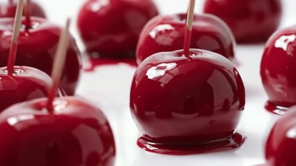 Vibrant Red Candy Apples with Glossy Glaze on White Surface