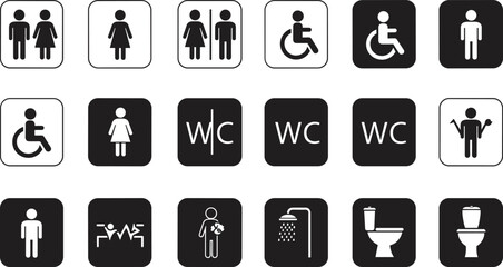Collection of 15 restroom and accessibility icons including WC disabled and shower symbols restroom icon