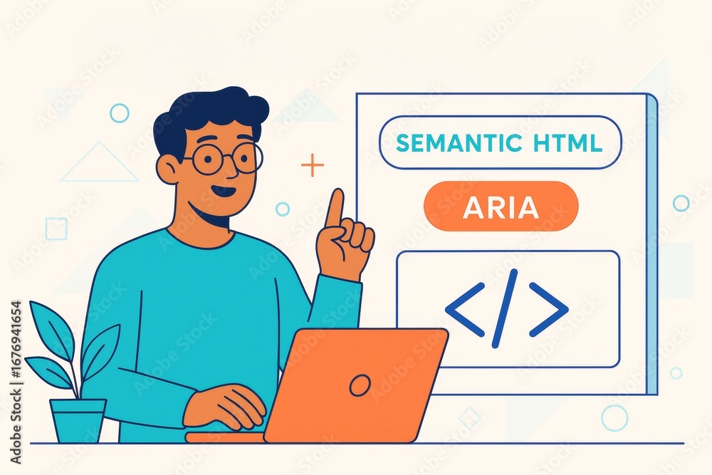 Aufkleber man explaining semantic html and aria with code symbols on screen, using laptop, creative flat illus