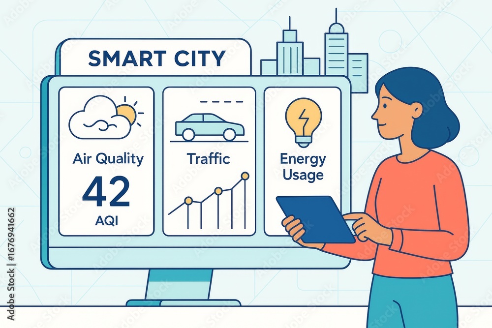 Poster smart city dashboard showing air quality, traffic data, and energy usage on a screen while a woman i