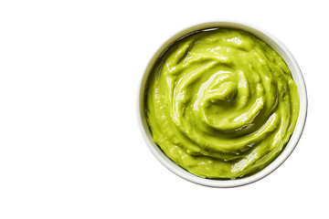 Fototapeta premium Creamy Green Guacamole Dip in White Bowl isolated on a transparent background avocado