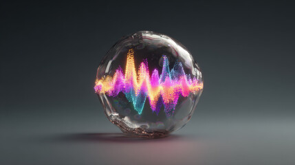 chaotic colorful sound waves colliding with transparent soundproof bubble silence inside 3D visualization illustration concept scene visual for commercial design use high detail quality stock image