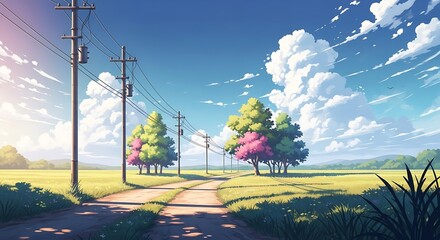 Beautiful Rural Landscape Pathway with Trees and Power Lines.