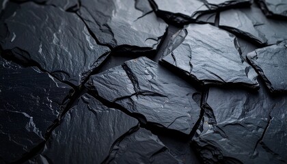 Close-up of overlapping dark gray slate tiles showing texture and pattern.