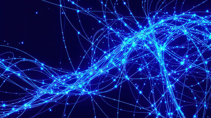 A complex abstract composition of intertwined blue lines and dots on a dark blue background.