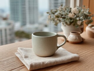 Light green mug on linen napkin, city view, potted plants