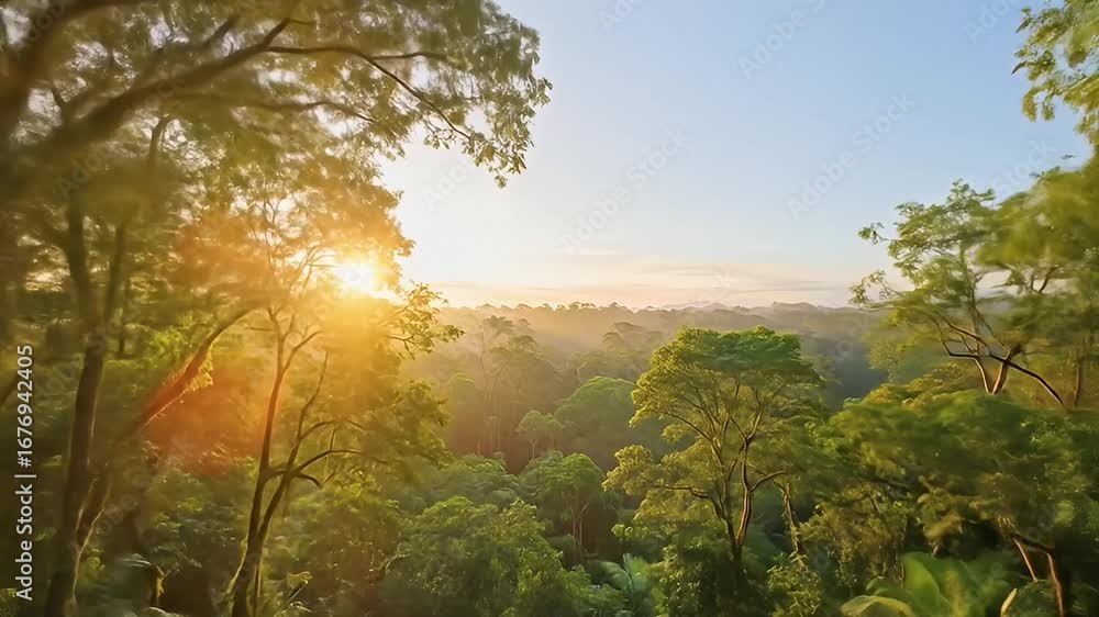 Poster a bright forest view showing dense trees and light filtering through the green canopy