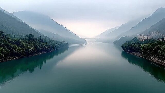 Mountains and Rivers Depend on Tranquil Lake Natural Scenery