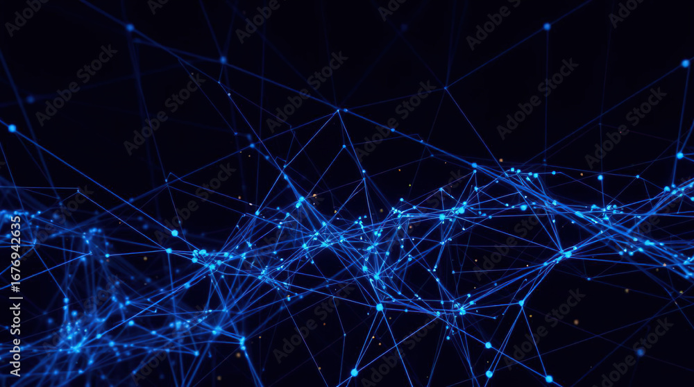 Poster a complex abstract composition of intertwined blue lines and dots on a dark blue background.