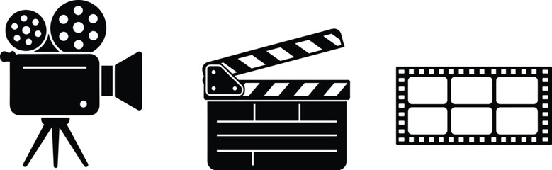 Film camera clapperboard and film strip icons on white background cinema movie