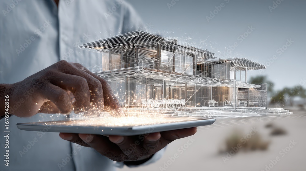 Fototapete man using a digital tablet for smart home automation control with a modern residential house in the 