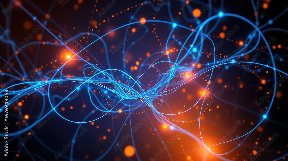 Poster a complex abstract composition of intertwined blue lines and dots on a dark blue background.