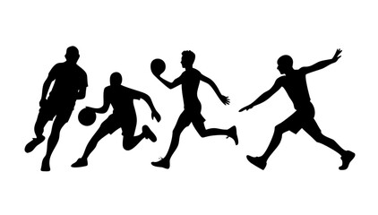 Black silhouette of athletes playing volleyball on white background sports action