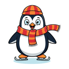 Adorable cartoon penguin wearing hat and scarf skating happily in winter fun vector