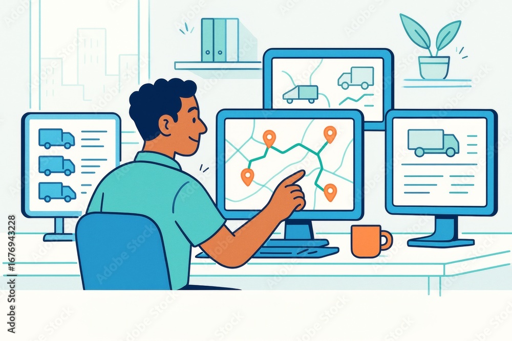 Aufkleber man monitoring delivery trucks on multiple screens with route maps and data in a logistics office en