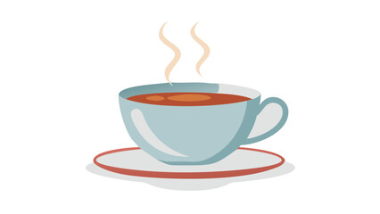 Blue teacup with hot beverage and steam hot drink saucer