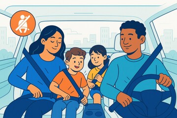 Family wearing seatbelts while driving in car, promoting road safety and responsible travel habits with light city background in creative style. Ai generative