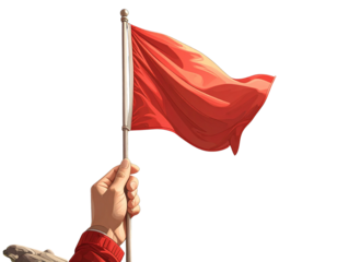  Hand holding a red flag, composition with a place for text. Modern photo collage styl