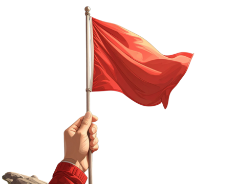  Hand holding a red flag, composition with a place for text. Modern photo collage styl