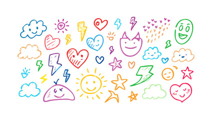 Cheerful doodle icons hearts sun clouds lightning vector