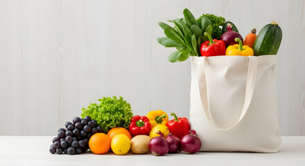 Fresh assortment of vibrant fruits and vegetables overflowing from a reusable tote bag.