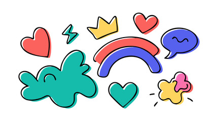 Colorful doodle elements hearts rainbow crown speech bubble vector