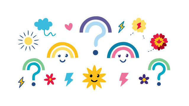Colorful cartoon suns rainbows lightning bolts flowers question marks vector