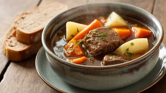 Overhead shot of Irish stew served rustic ceramic bowl with chunks of beef potatoes and carrots in a rich broth The frame includes a slice of brown bread and leaves room for editorial text at the top