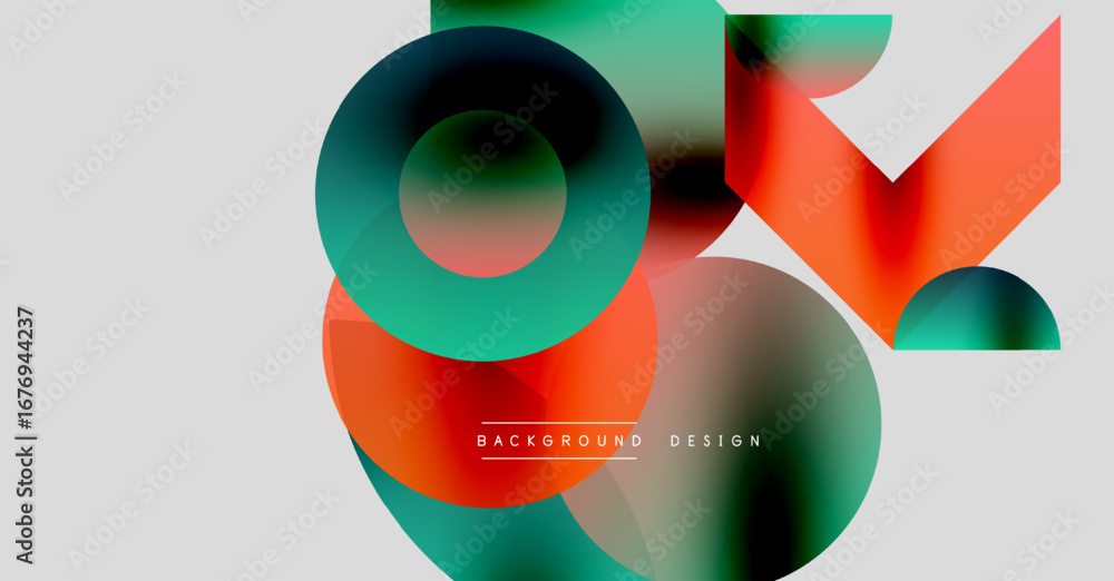 Poster abstract geometric shapes overlap, creating vibrant color blends. minimalist design with text backgr
