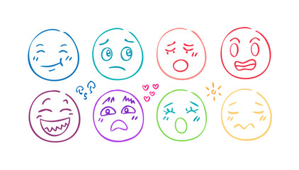 Colorful doodle faces expressing various emotions emoji sketch
