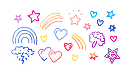 Colorful doodle icons of stars hearts rainbows and clouds vector