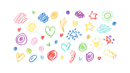 Colorful doodle shapes and hearts stars