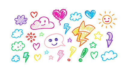Colorful hand drawn doodles of hearts clouds sun lightning and stars vector