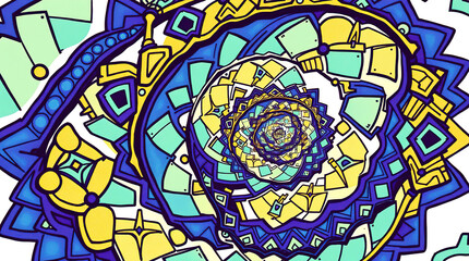 Abstract background with a swirl pattern of blue-violet, light green and gold glass or metal geometric elements