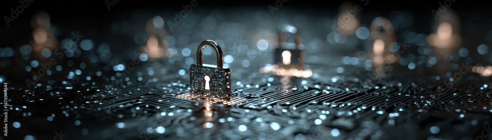 Poster illustrative concept of cybersecurity featuring a locked padlock on a digital circuit board with a s