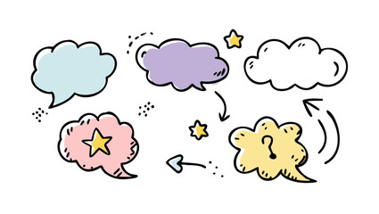 Colorful hand drawn speech bubbles with stars and question mark thought bubble dialogue