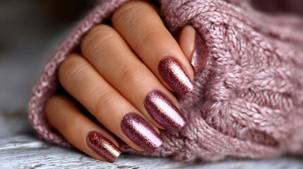 Woman showing pink metallic nails on knitted sweater