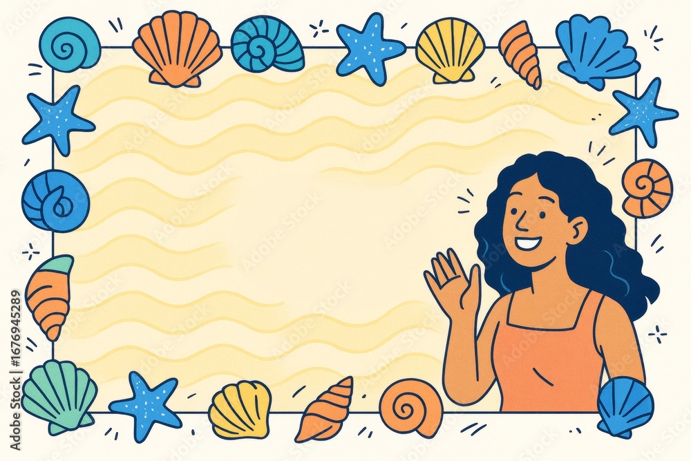 Aufkleber cartoon woman waving on a summer seashell-themed background with smiling expression and wavy yellow 